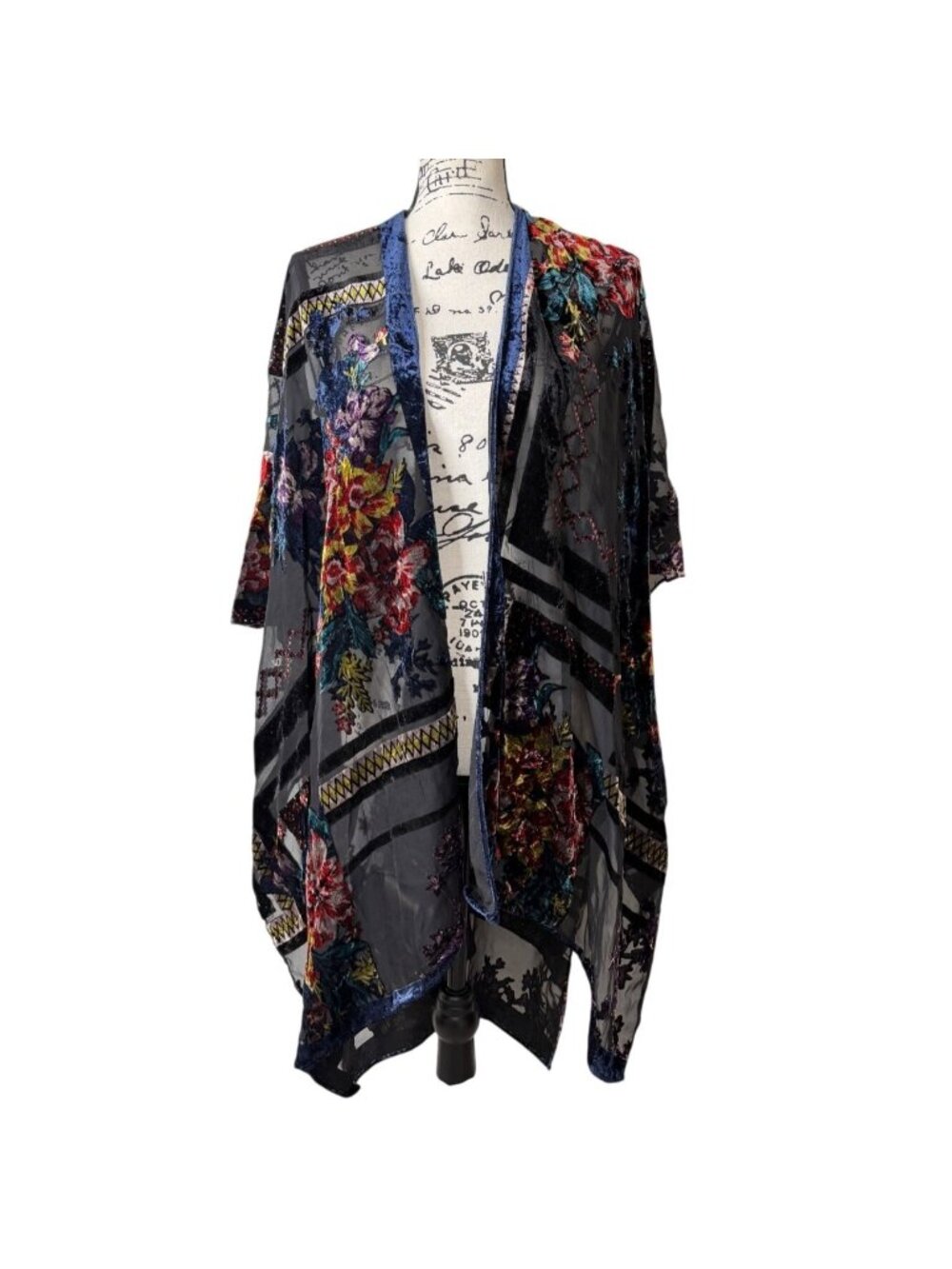 Loretta Velvet Burnout Kimono Floral Sheer Open Front Boho Black Purple Pink